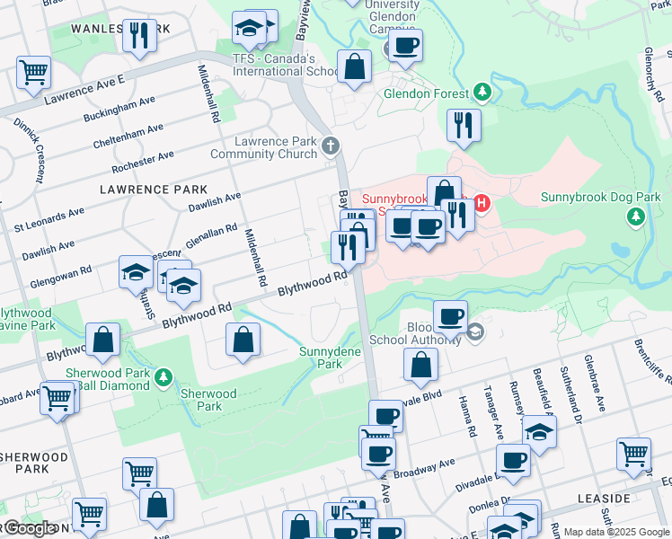 map of restaurants, bars, coffee shops, grocery stores, and more near 566 Blythwood Road in Toronto
