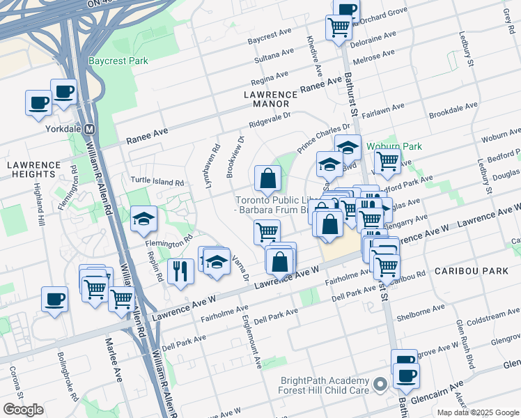 map of restaurants, bars, coffee shops, grocery stores, and more near 22 Roberta Drive in Toronto