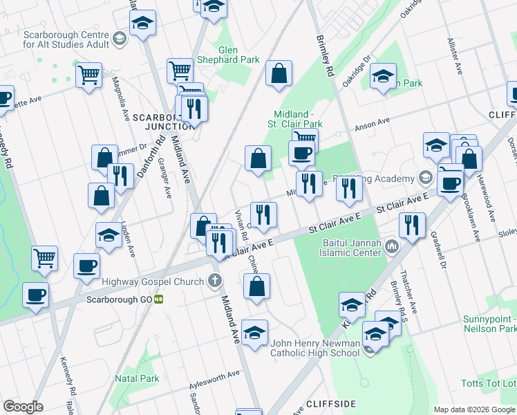 map of restaurants, bars, coffee shops, grocery stores, and more near 61 Minerva Avenue in Toronto