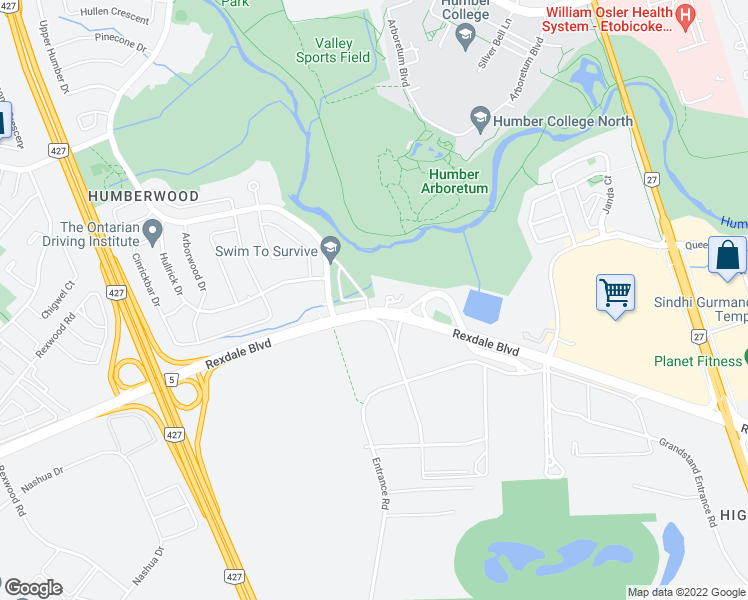 map of restaurants, bars, coffee shops, grocery stores, and more near 3 Woodstream Drive in Toronto