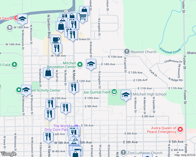 map of restaurants, bars, coffee shops, grocery stores, and more near 313 East 12th Avenue in Mitchell
