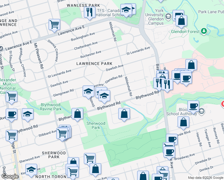 map of restaurants, bars, coffee shops, grocery stores, and more near in Toronto
