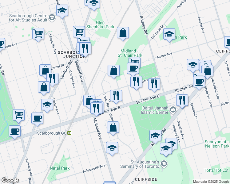 map of restaurants, bars, coffee shops, grocery stores, and more near 63 Minerva Avenue in Toronto