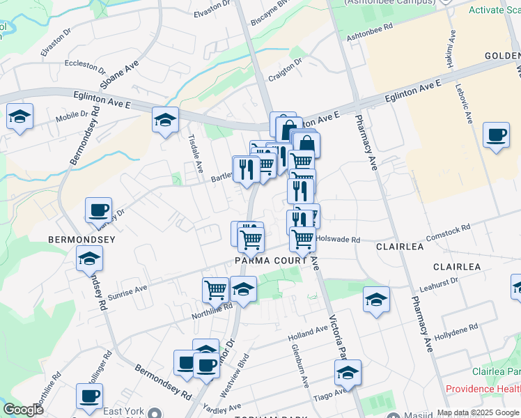 map of restaurants, bars, coffee shops, grocery stores, and more near 1815 O'Connor Drive in Toronto