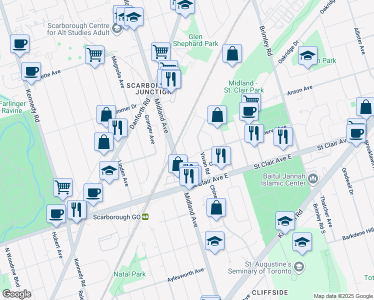 map of restaurants, bars, coffee shops, grocery stores, and more near 45 National Street in Toronto