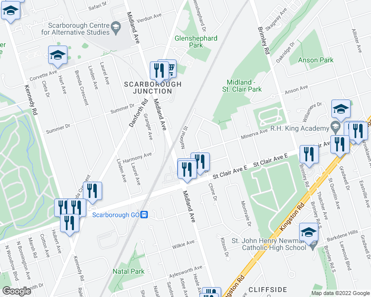 map of restaurants, bars, coffee shops, grocery stores, and more near 45 National Street in Toronto