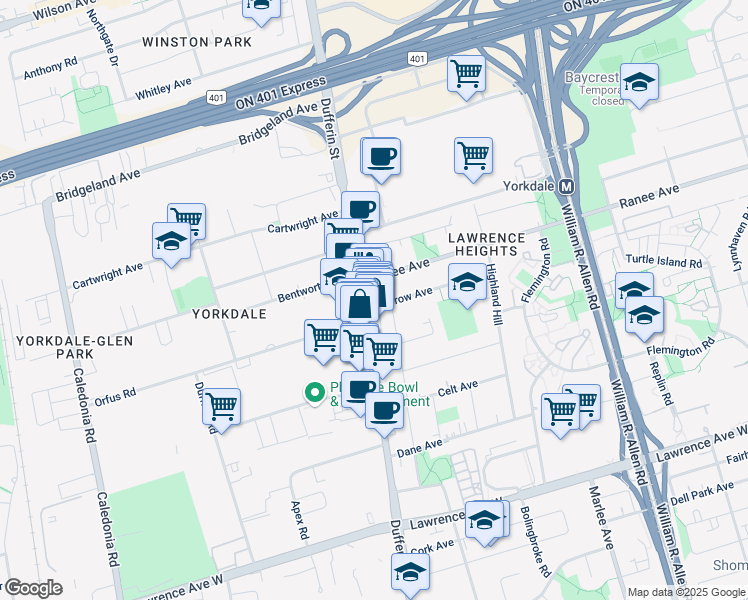 map of restaurants, bars, coffee shops, grocery stores, and more near 3253 Dufferin Street in Toronto