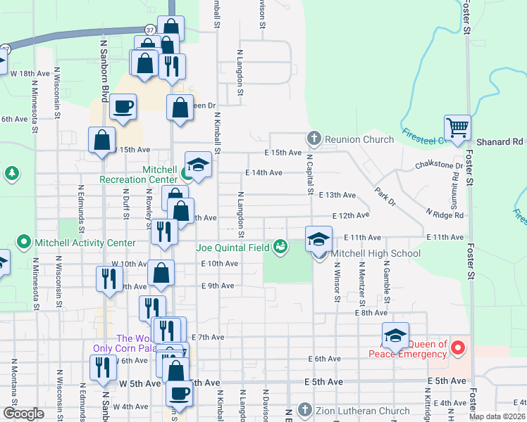 map of restaurants, bars, coffee shops, grocery stores, and more near 417 East 12th Avenue in Mitchell
