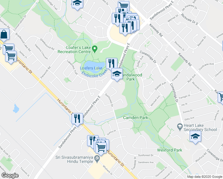 map of restaurants, bars, coffee shops, grocery stores, and more near 52 Brower Court in Brampton