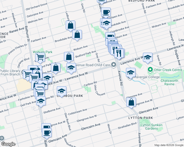 map of restaurants, bars, coffee shops, grocery stores, and more near 107 Otter Crescent in Toronto