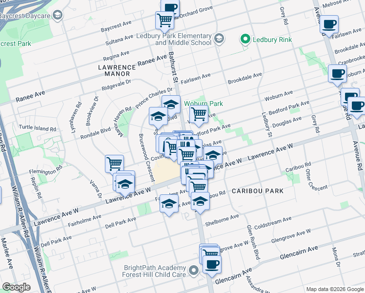 map of restaurants, bars, coffee shops, grocery stores, and more near 492 Lawrence Avenue West in Toronto