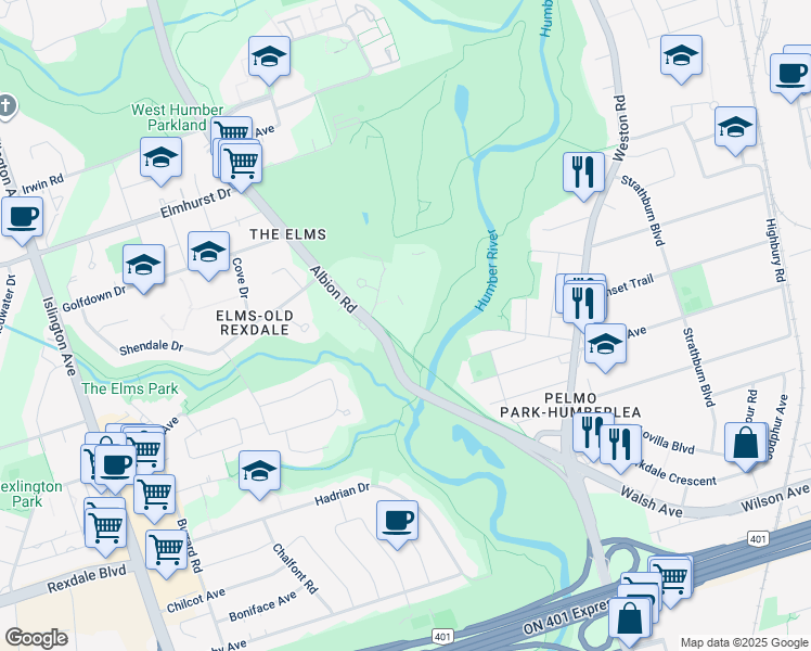 map of restaurants, bars, coffee shops, grocery stores, and more near 1205-234 Albion Road in Toronto