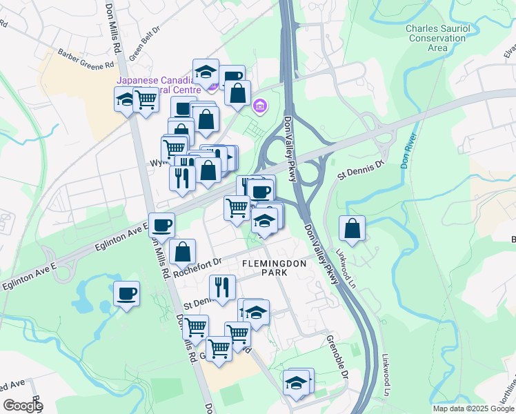 map of restaurants, bars, coffee shops, grocery stores, and more near 250 Ferrand Drive in Toronto