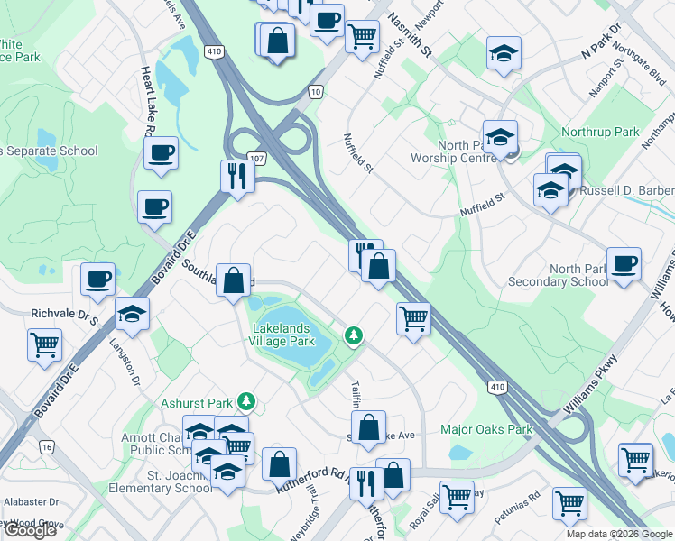 map of restaurants, bars, coffee shops, grocery stores, and more near 40 Palm Tree Road in Brampton