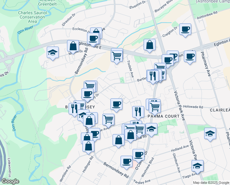 map of restaurants, bars, coffee shops, grocery stores, and more near in Toronto