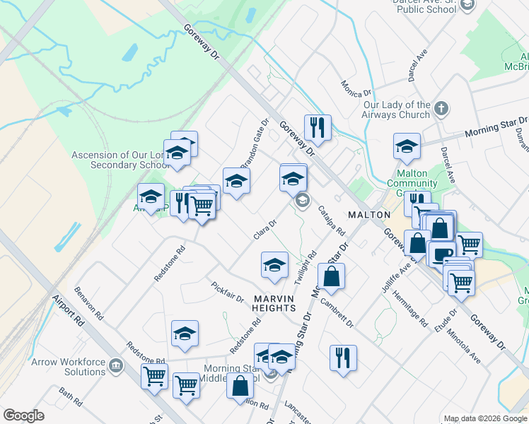 map of restaurants, bars, coffee shops, grocery stores, and more near 3407 Clara Drive in Mississauga