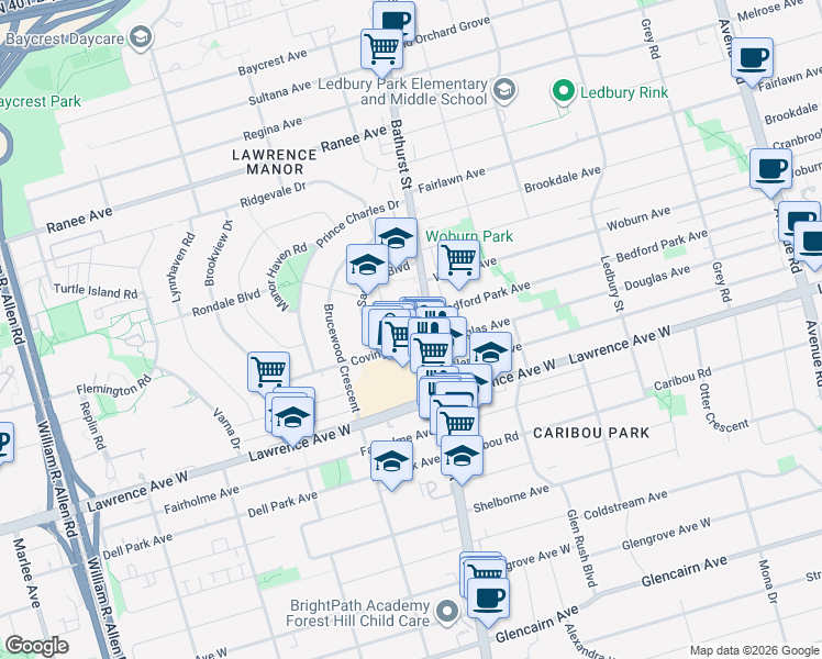 map of restaurants, bars, coffee shops, grocery stores, and more near 2 Covington Road in Toronto