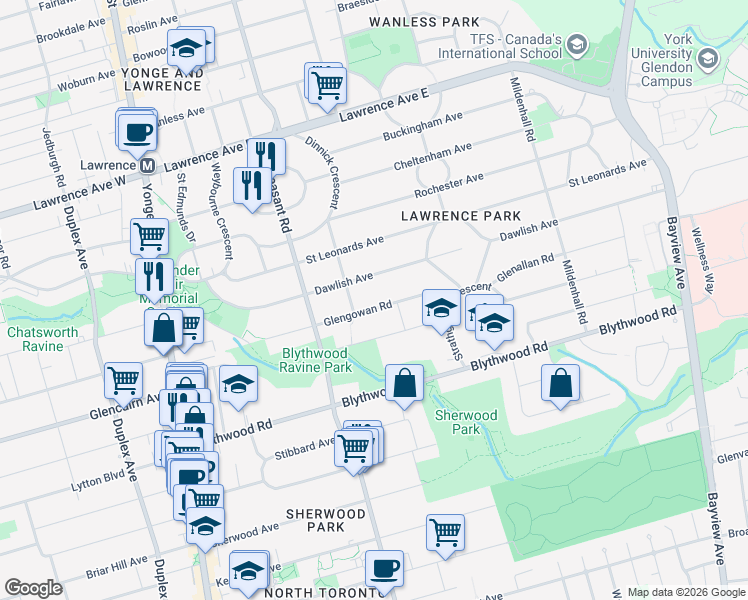 map of restaurants, bars, coffee shops, grocery stores, and more near in Toronto