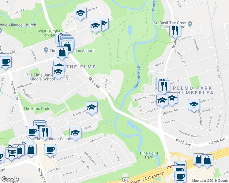 map of restaurants, bars, coffee shops, grocery stores, and more near 1205-234 Albion Road in Toronto