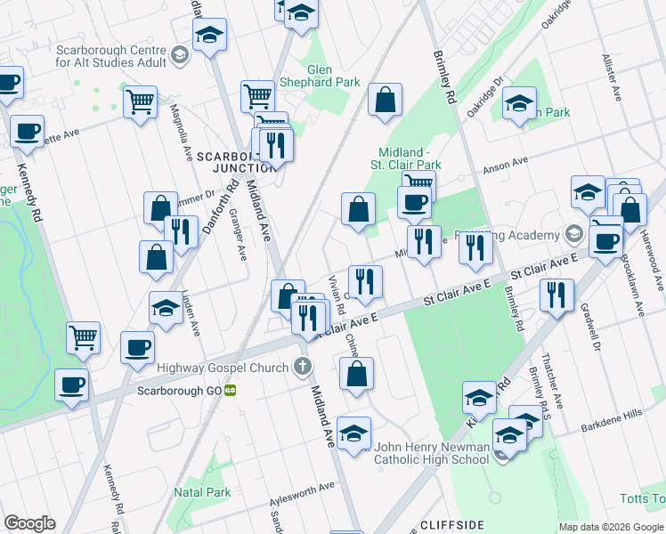 map of restaurants, bars, coffee shops, grocery stores, and more near 46 Minerva Avenue in Toronto