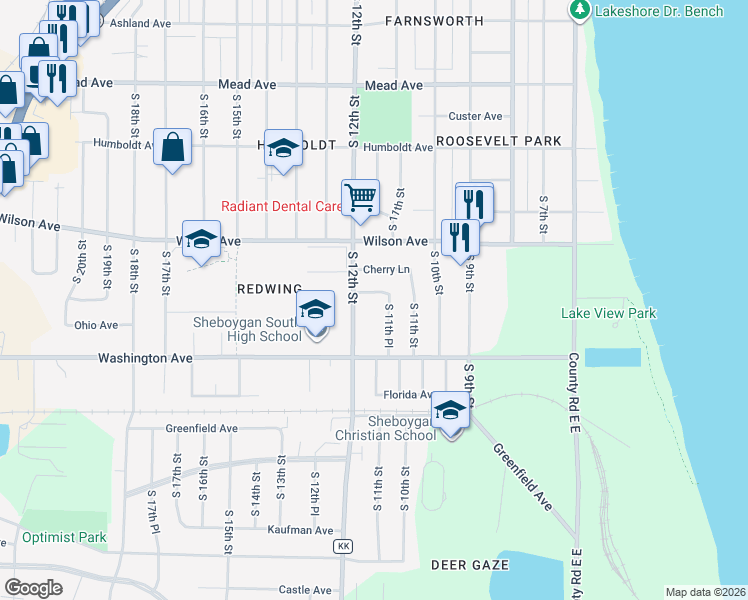 map of restaurants, bars, coffee shops, grocery stores, and more near 3228 South 11th Place in Sheboygan