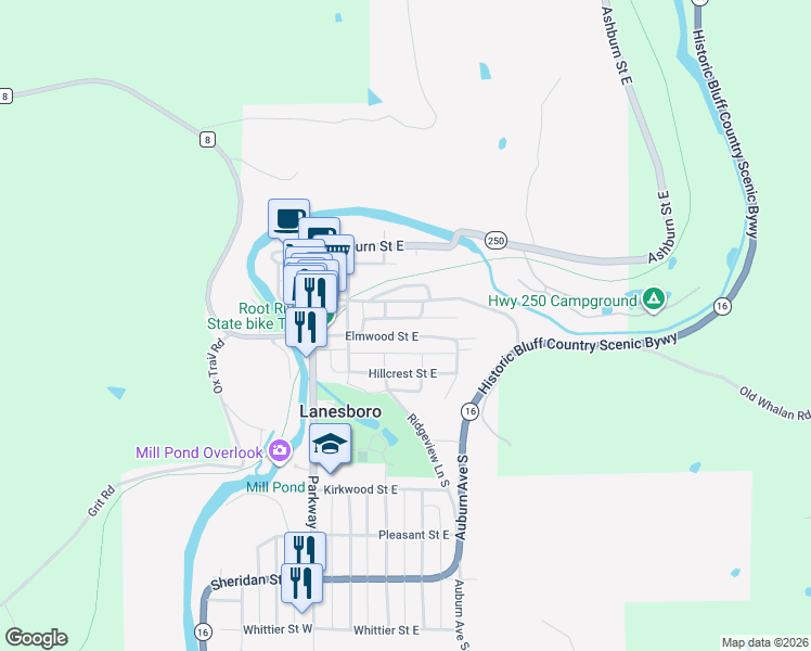 map of restaurants, bars, coffee shops, grocery stores, and more near 301 Elmwood Street West in Lanesboro
