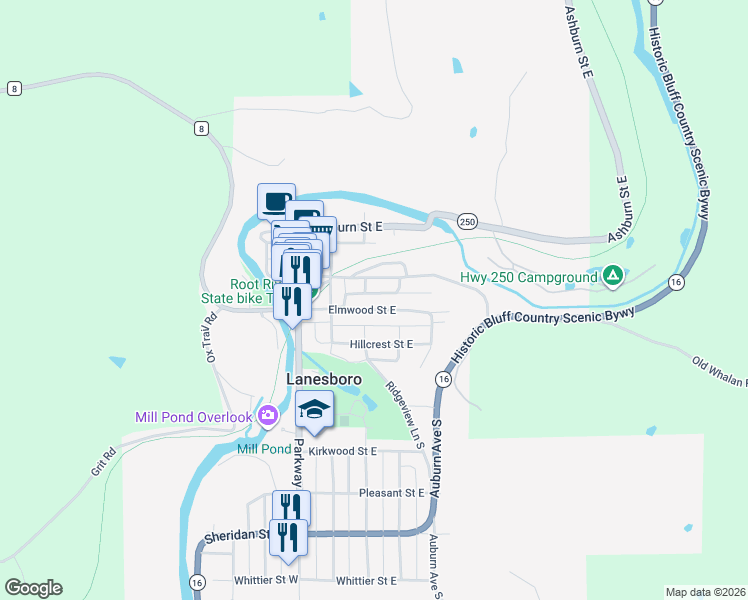 map of restaurants, bars, coffee shops, grocery stores, and more near 301 Elmwood Street West in Lanesboro