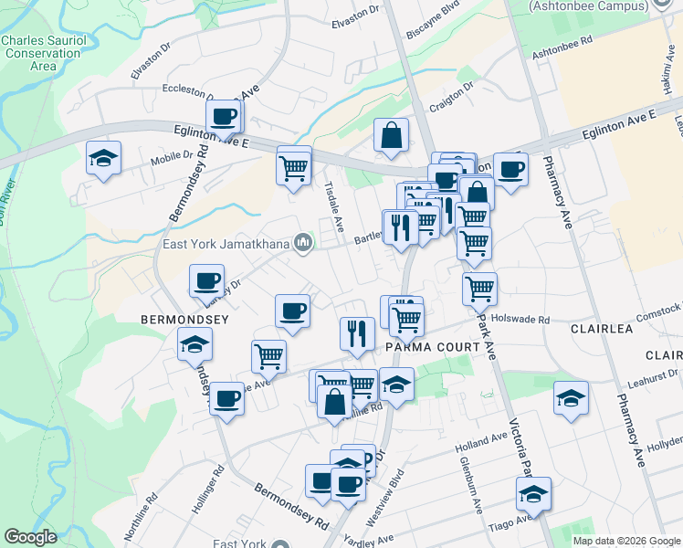 map of restaurants, bars, coffee shops, grocery stores, and more near 29 Jinnah Court in Toronto