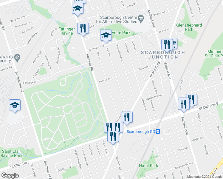 map of restaurants, bars, coffee shops, grocery stores, and more near 49 Cleta Drive in Toronto