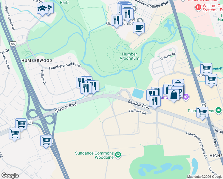 map of restaurants, bars, coffee shops, grocery stores, and more near 600 Rexdale Boulevard in Toronto