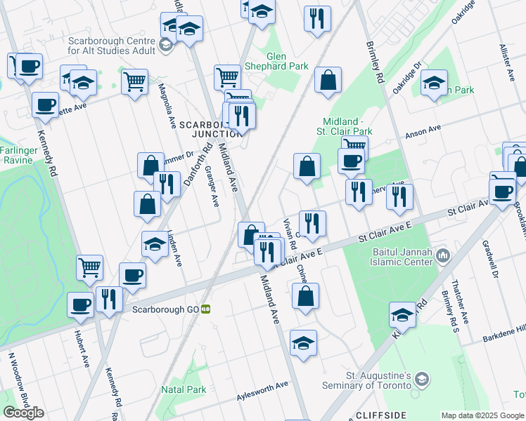 map of restaurants, bars, coffee shops, grocery stores, and more near 51 National Street in Toronto