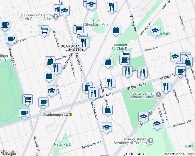 map of restaurants, bars, coffee shops, grocery stores, and more near 46 Vivian Road in Toronto