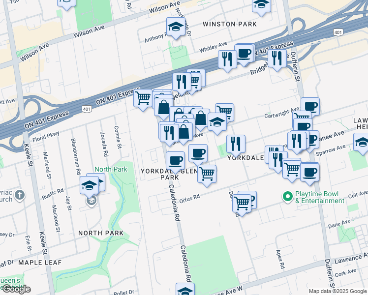 map of restaurants, bars, coffee shops, grocery stores, and more near in Toronto