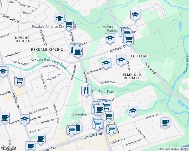 map of restaurants, bars, coffee shops, grocery stores, and more near 100 Shendale Drive in Toronto