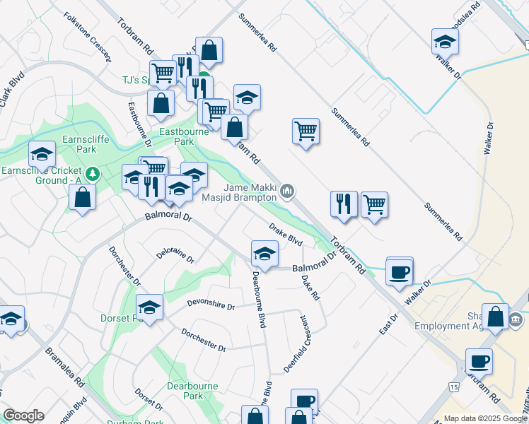 map of restaurants, bars, coffee shops, grocery stores, and more near 8460 Torbram Road in Brampton