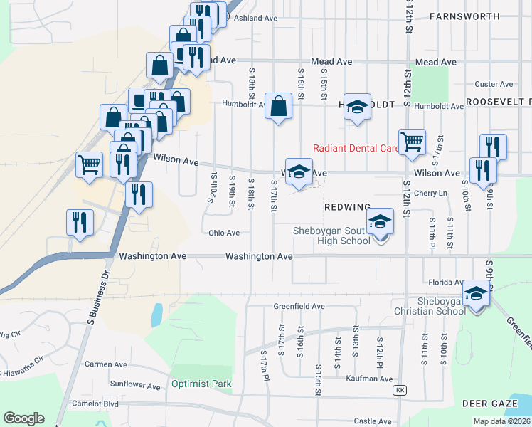 map of restaurants, bars, coffee shops, grocery stores, and more near 3109 South 18th Street in Sheboygan