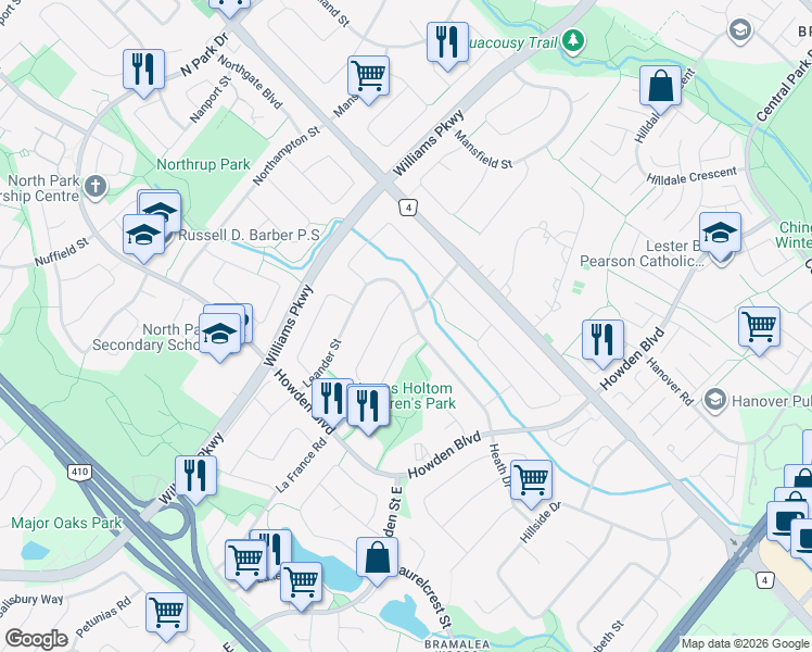 map of restaurants, bars, coffee shops, grocery stores, and more near 51 Leander Street in Brampton