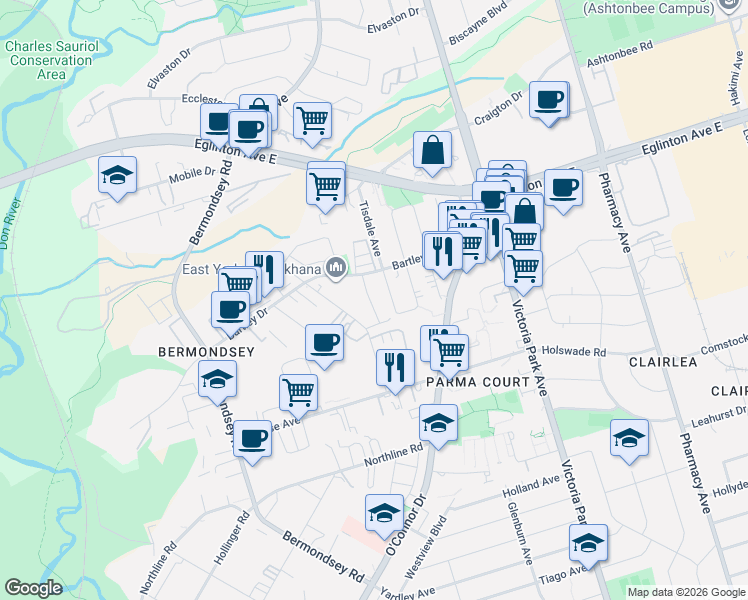 map of restaurants, bars, coffee shops, grocery stores, and more near 29 Jinnah Court in Toronto