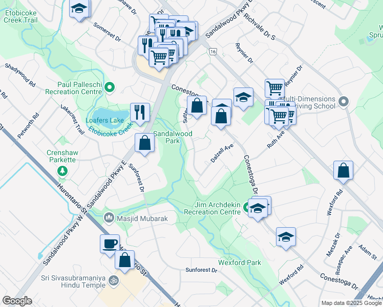 map of restaurants, bars, coffee shops, grocery stores, and more near 56 Sutter Avenue in Brampton