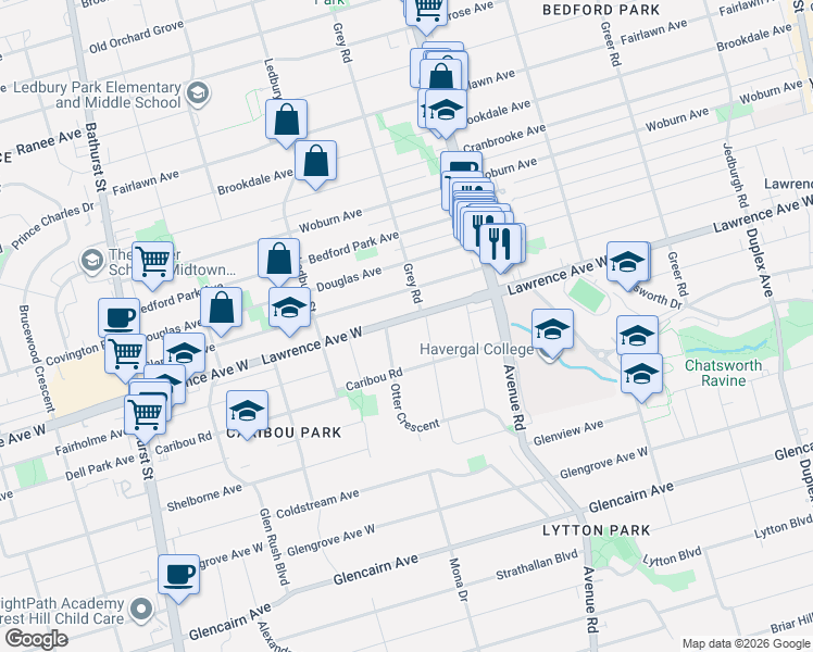 map of restaurants, bars, coffee shops, grocery stores, and more near 351 Lawrence Avenue West in Toronto
