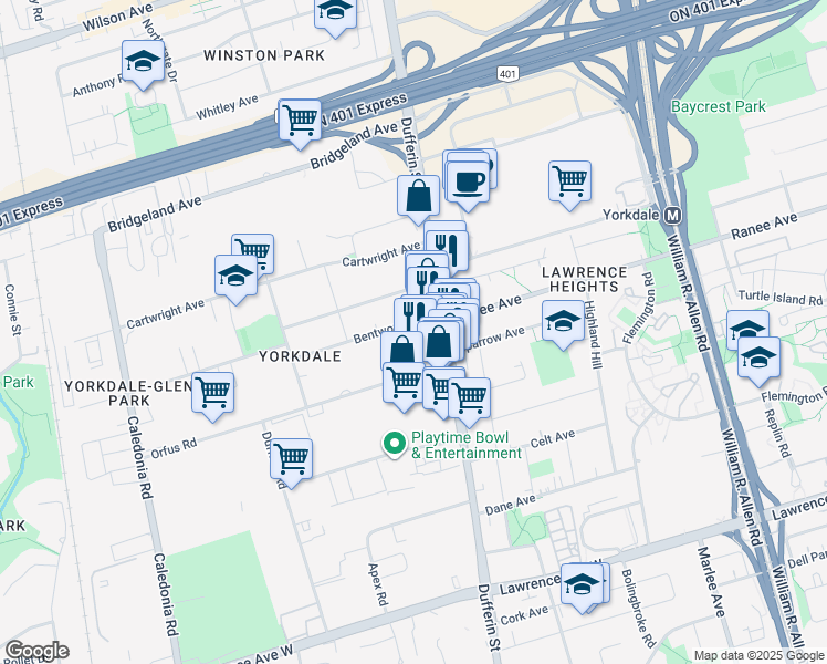 map of restaurants, bars, coffee shops, grocery stores, and more near in Toronto