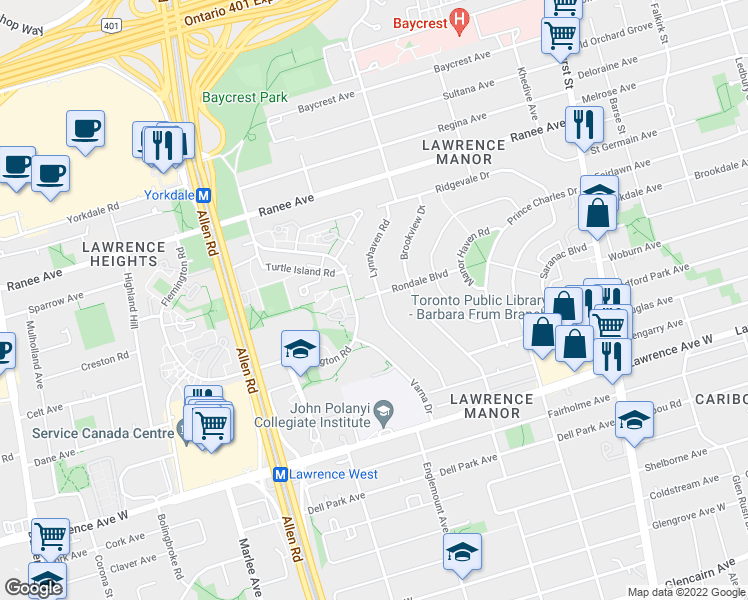 map of restaurants, bars, coffee shops, grocery stores, and more near 56 Lynnhaven Road in Toronto