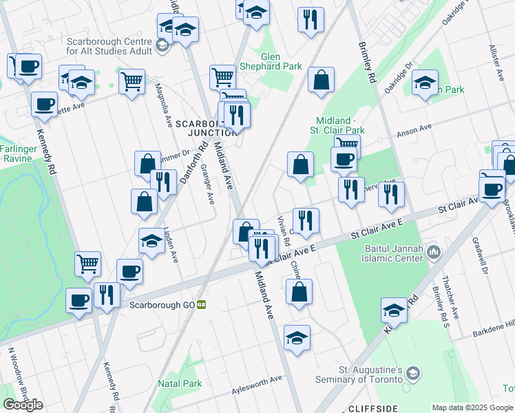 map of restaurants, bars, coffee shops, grocery stores, and more near 53 National Street in Toronto