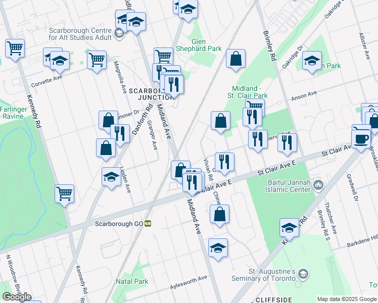 map of restaurants, bars, coffee shops, grocery stores, and more near 53 National Street in Toronto