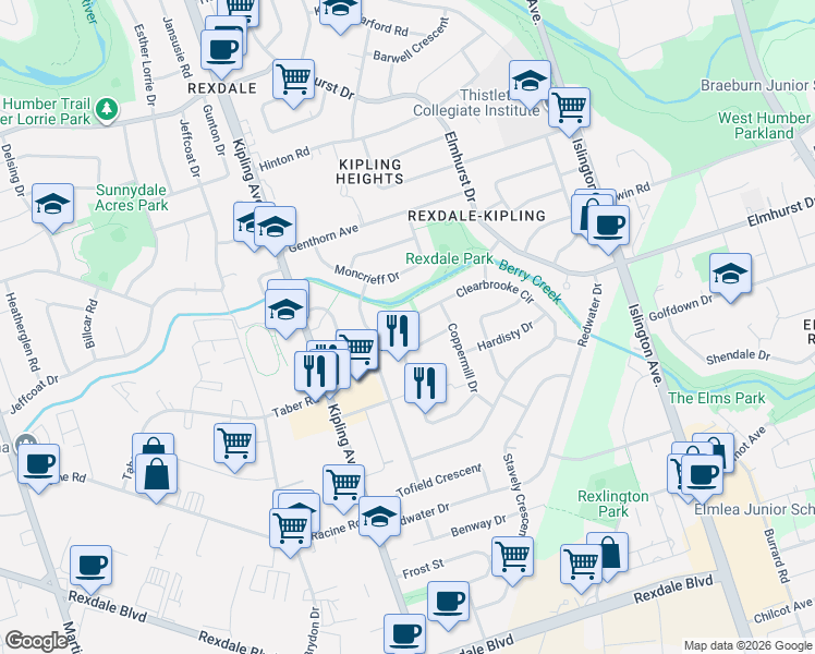 map of restaurants, bars, coffee shops, grocery stores, and more near 173 Clearbrooke Circle in Toronto