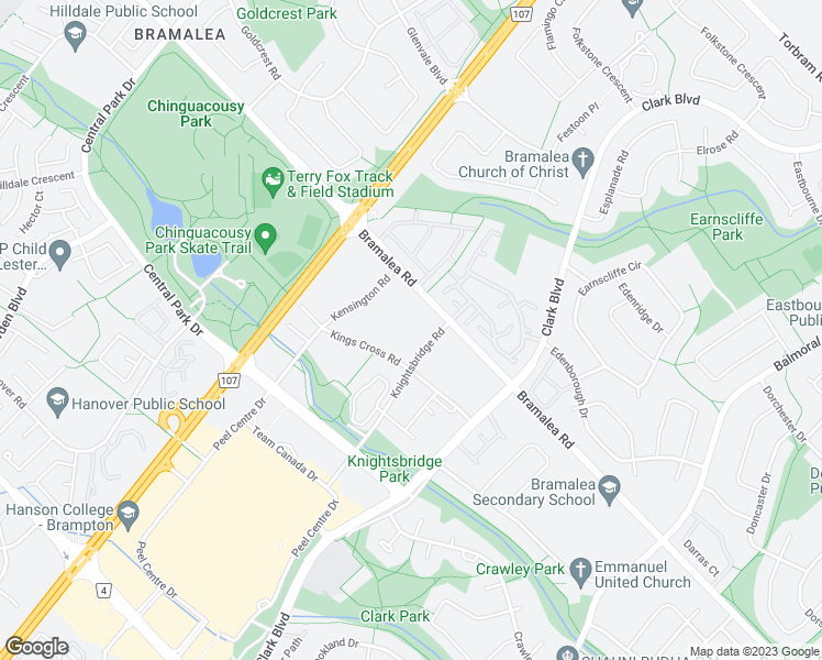 map of restaurants, bars, coffee shops, grocery stores, and more near 55 Bramalea Road in Brampton