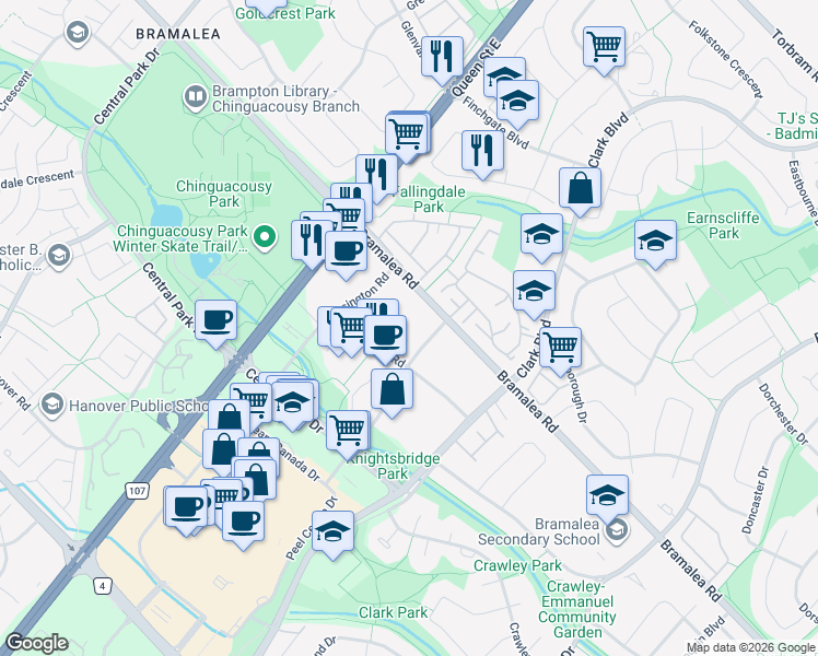 map of restaurants, bars, coffee shops, grocery stores, and more near 55 Bramalea Road in Brampton