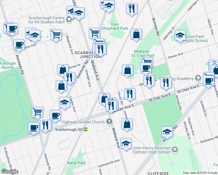 map of restaurants, bars, coffee shops, grocery stores, and more near 55 National Street in Toronto