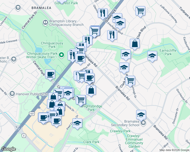 map of restaurants, bars, coffee shops, grocery stores, and more near 55 Bramalea Road in Brampton