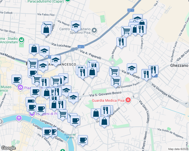 map of restaurants, bars, coffee shops, grocery stores, and more near 27/C Via Angelo Battelli in Pisa